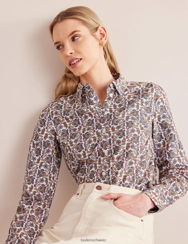 Boden Frauen gerades Baumwollhemd VH86PT1365 Kleidung Elfenbein und Blockpaisley