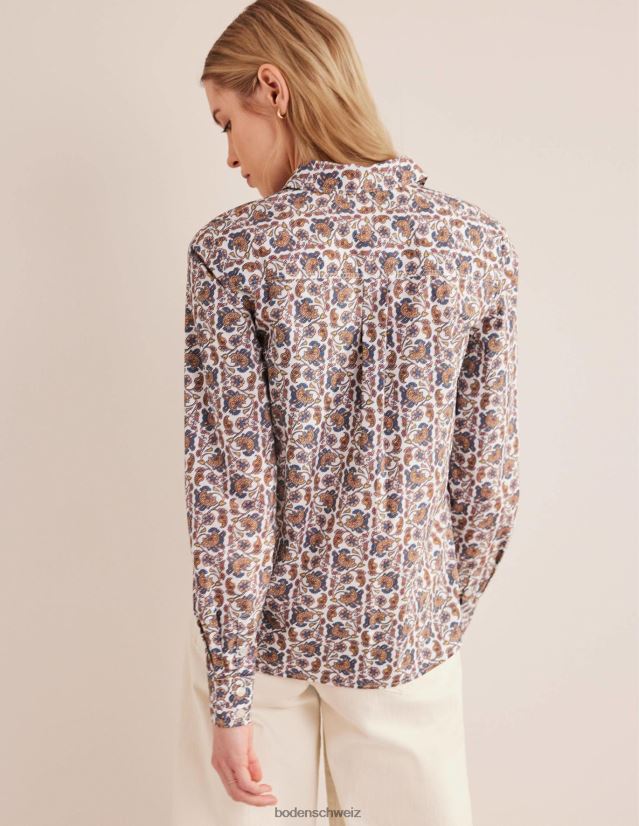 Boden Frauen gerades Baumwollhemd VH86PT1365 Kleidung Elfenbein und Blockpaisley