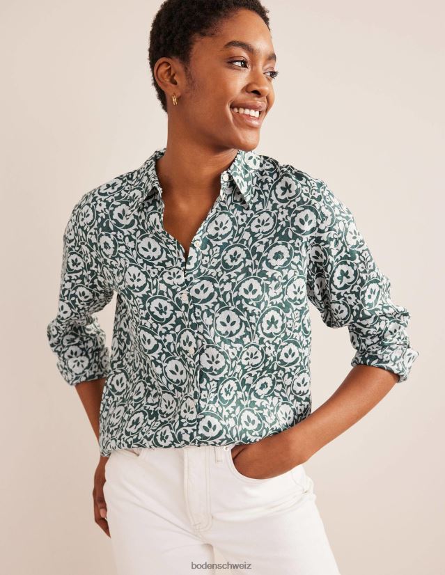 Boden Frauen neues Leinenhemd VH86PT2520 Kleidung grüne & bezaubernde Blüte