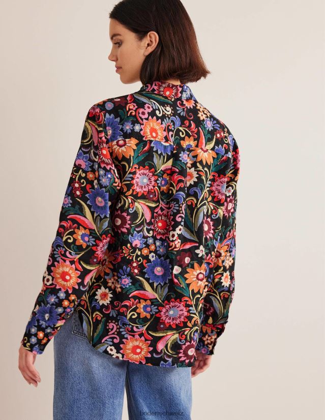 Boden Frauen neues Leinenhemd VH86PT2592 Kleidung Schwarz- und Gardenien-Pop