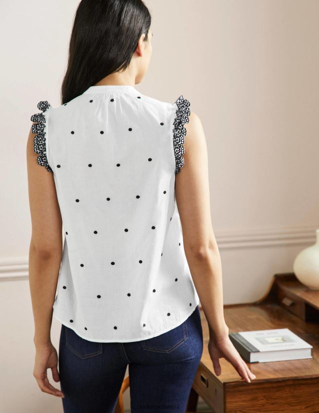 Boden Frauen ärmelloses besticktes Hemd VH86PT2411 Kleidung weiße und schwarze Stickerei