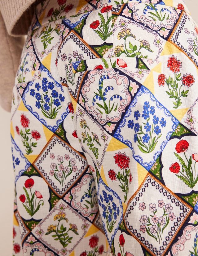 Boden Frauen Bedruckte gerade Hose VH86PT975 Kleidung Elfenbein und weiße Glockenblume