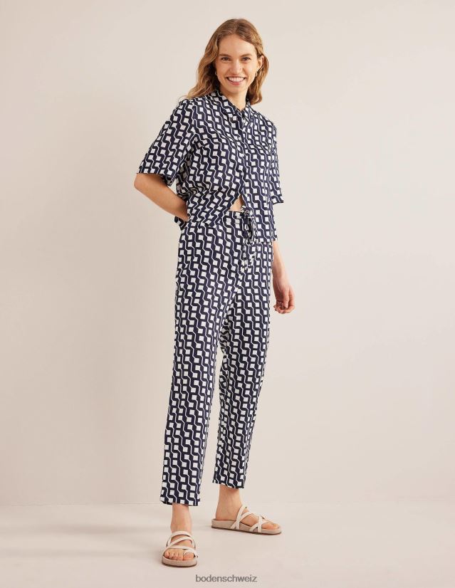 Boden Frauen Lässige Hose zum Überziehen aus Leinen VH86PT1108 Kleidung Marineblau und Würfelgeo