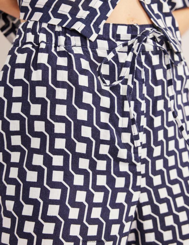 Boden Frauen Lässige Hose zum Überziehen aus Leinen VH86PT1108 Kleidung Marineblau und Würfelgeo