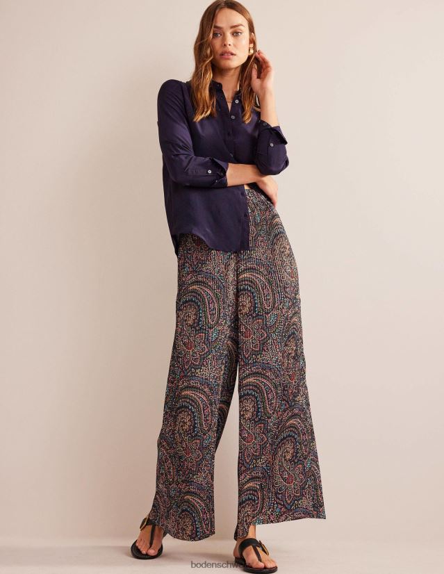 Boden Frauen Plissee-Satin-Hose mit weitem Bein VH86PT323 Kleidung Leichte Marine & Palast