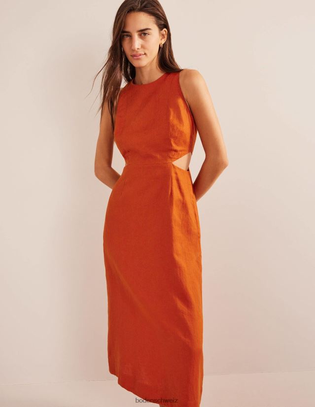 Boden Frauen Ausgeschnittenes Midikleid aus Leinen VH86PT1458 Kleidung Rost