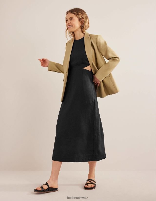 Boden Frauen Ausgeschnittenes Midikleid aus Leinen VH86PT2273 Kleidung Schwarz