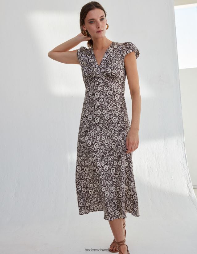 Boden Frauen Empire-Midi-Teekleid aus Satin VH86PT2150 Kleidung dunkles Burgunderrot und Blütenkaskade