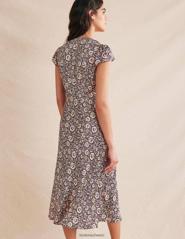 Boden Frauen Empire-Midi-Teekleid aus Satin VH86PT2150 Kleidung dunkles Burgunderrot und Blütenkaskade