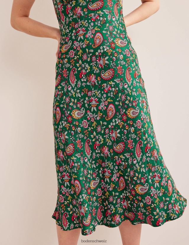 Boden Frauen Empire-Midi-Teekleid aus Satin VH86PT2486 Kleidung Grün- und Löwenzahn-Paisley