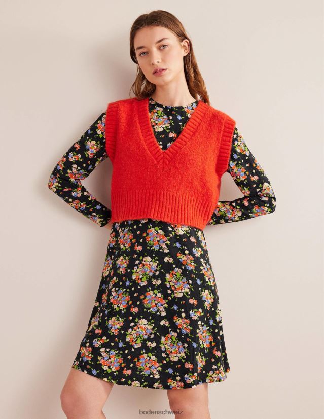 Boden Frauen Fit-and-Flare-Kleid mit Rundhalsausschnitt VH86PT1510 Kleidung Schwarz-Wild-Cluster