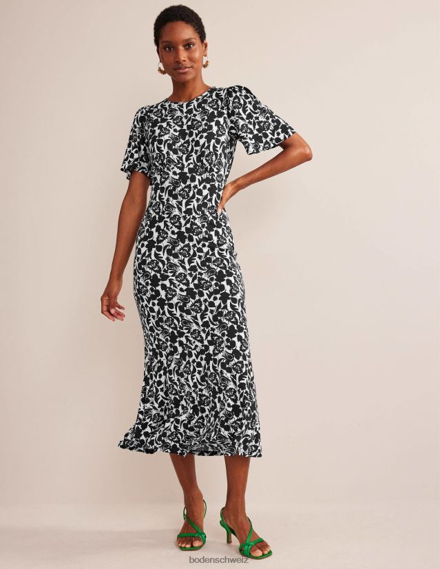 Boden Frauen Flippiges Midikleid aus Jersey VH86PT49 Kleidung Schwarz- und Tulpenblüte