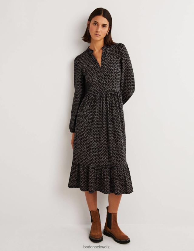 Boden Frauen Geknöpftes Midikleid aus Jersey VH86PT1268 Kleidung schwarze und diamantene Knospe