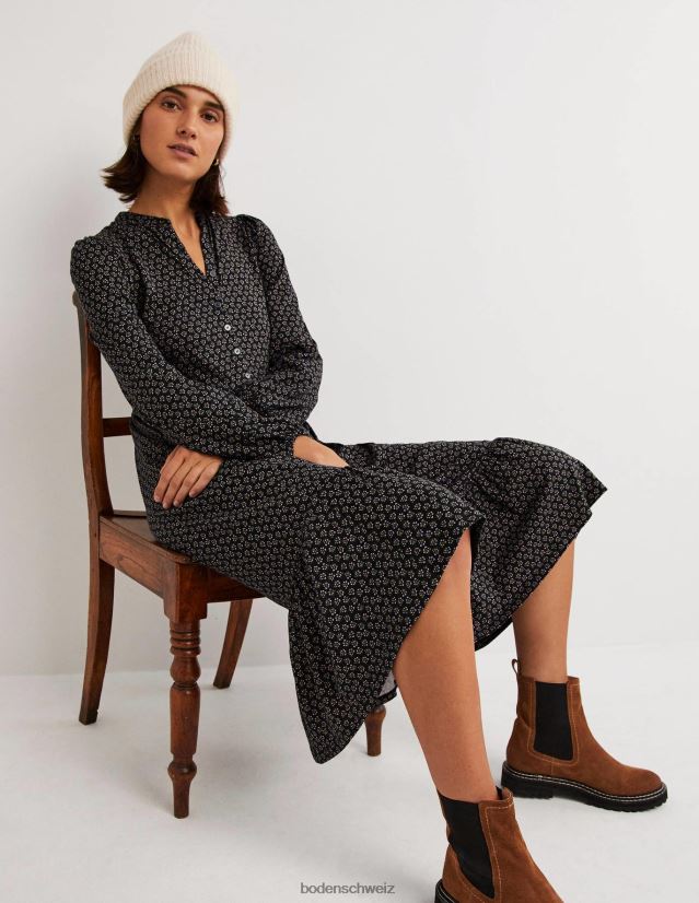 Boden Frauen Geknöpftes Midikleid aus Jersey VH86PT1268 Kleidung schwarze und diamantene Knospe