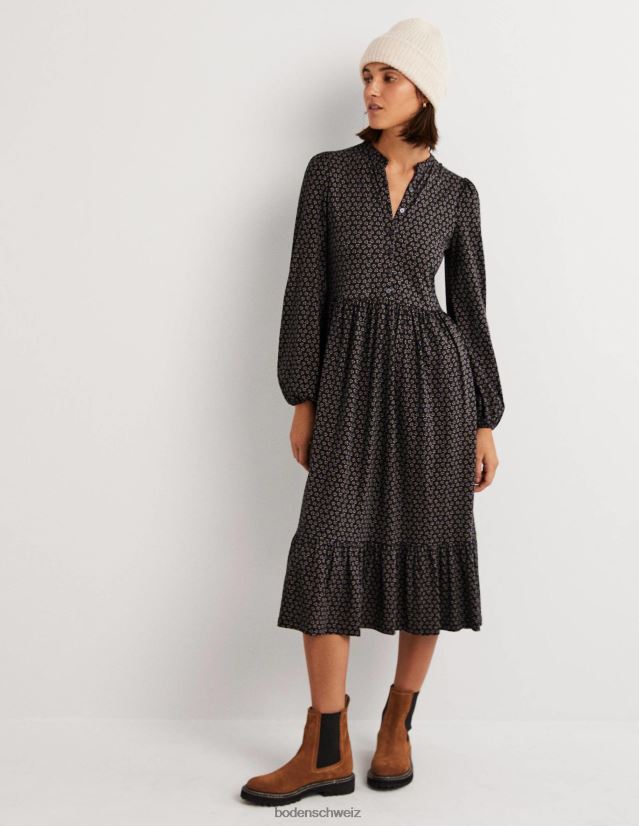 Boden Frauen Geknöpftes Midikleid aus Jersey VH86PT1268 Kleidung schwarze und diamantene Knospe