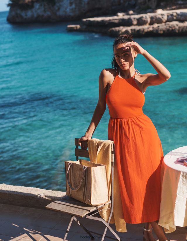 Boden Frauen Geripptes Neckholder-Midikleid VH86PT1212 Kleidung Blutorange