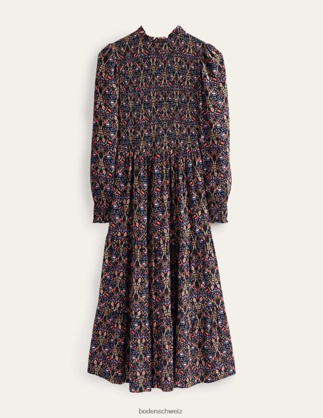 Boden Frauen Gesmoktes, gestuftes Midikleid VH86PT987 Kleidung schwarzes und exotisches Laub
