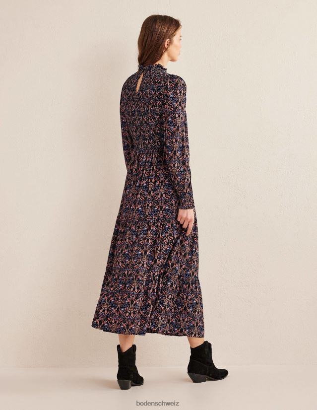 Boden Frauen Gesmoktes, gestuftes Midikleid VH86PT987 Kleidung schwarzes und exotisches Laub