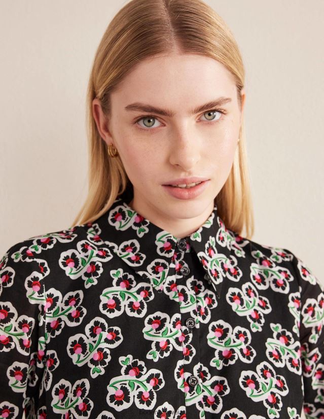 Boden Frauen Gestuftes Maxi-Hemdkleid aus Baumwolle VH86PT2467 Kleidung Schwarz- und Blütenblattblüte