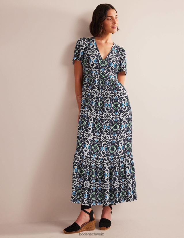 Boden Frauen Gestuftes Maxikleid mit V-Ausschnitt VH86PT1057 Kleidung Marineblau und opulentes Kernobst
