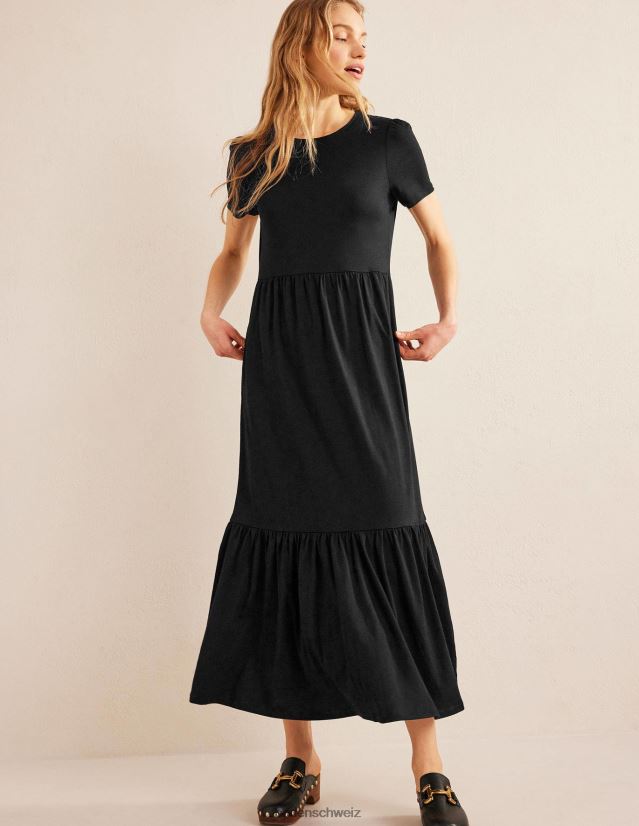 Boden Frauen Gestuftes Midikleid aus leichtem Jersey VH86PT2090 Kleidung Schwarz
