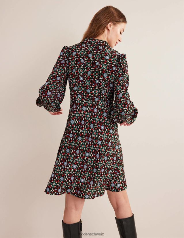 Boden Frauen Hemdblusenkleid mit Bindekragen VH86PT1559 Kleidung Schwarz- und Gardenienwirbel