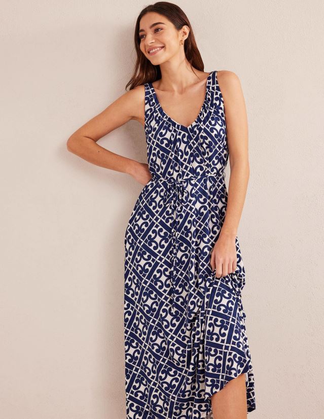 Boden Frauen Jersey-Maxikleid mit V-Ausschnitt VH86PT996 Kleidung Preußischblau und ruhiges Geo