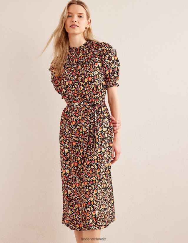 Boden Frauen Jersey-Midikleid mit Passe-Detail VH86PT1103 Kleidung Schwarz & Blockblütenblatt