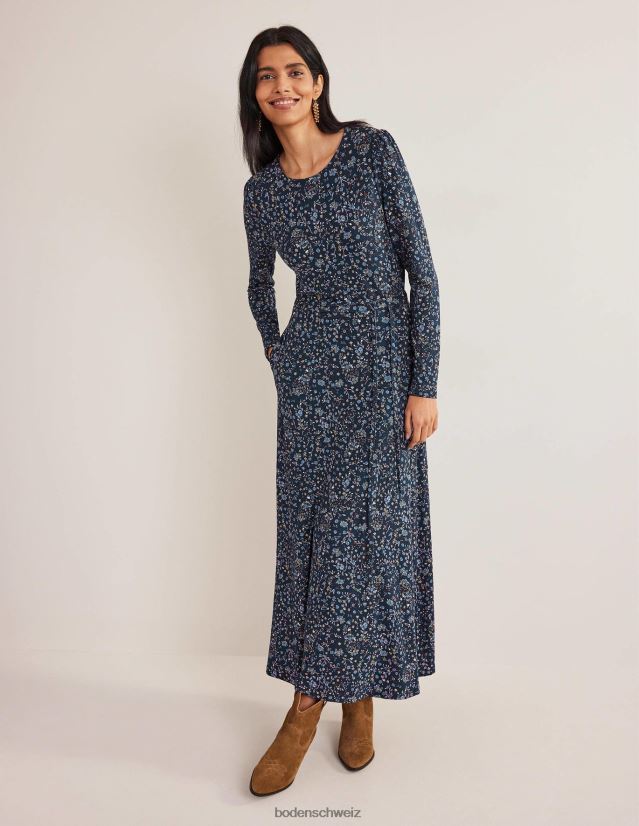 Boden Frauen Jersey-Midikleid mit Rockdetail VH86PT2539 Kleidung Marineblau und Wildblumen-Paisley