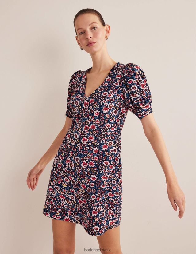 Boden Frauen Jersey-Minikleid mit V-Ausschnitt VH86PT1070 Kleidung Französisches Marineblau und Eden Bloom