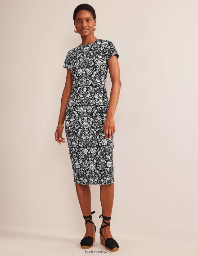 Boden Frauen Jersey-Säulen-Midikleid VH86PT1175 Kleidung Schwarz- und Gardenienzweig