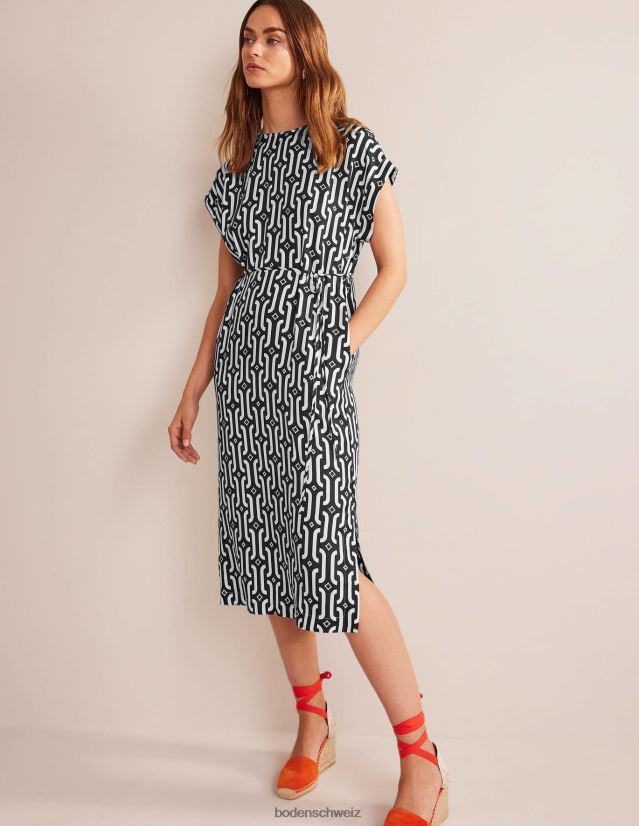 Boden Frauen Kurzärmliges Midi-Säulenkleid VH86PT77 Kleidung Schwarz- und Azurblau-Geo