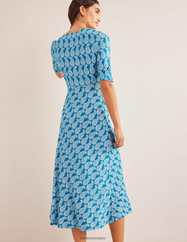 Boden Frauen Kurzarm-Midikleid aus Jersey VH86PT2137 Kleidung Kristallblaugrün und süßes Paisley