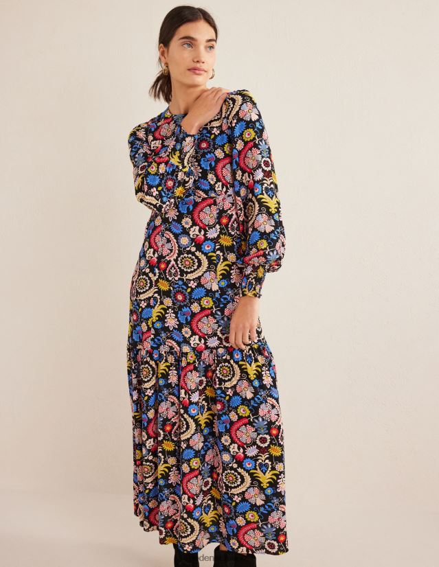 Boden Frauen Maxi-Stufenkleid mit gesmokten Bündchen VH86PT1312 Kleidung Multi- und tropischer Charme