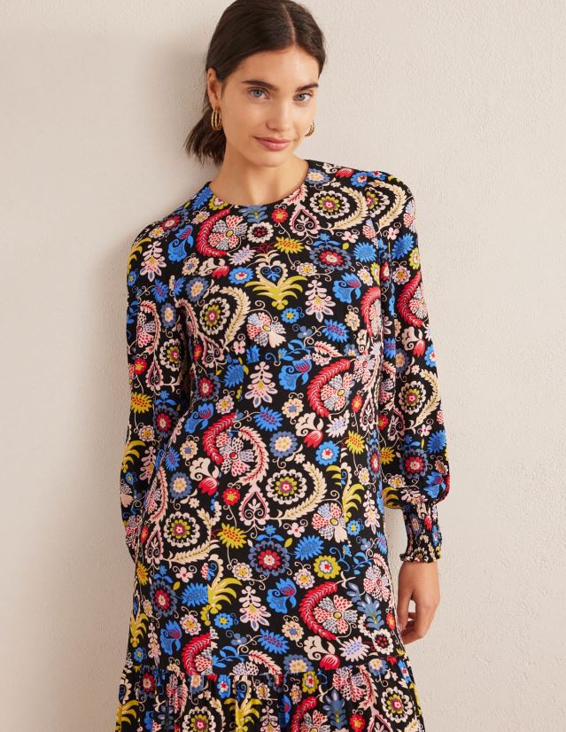 Boden Frauen Maxi-Stufenkleid mit gesmokten Bündchen VH86PT1312 Kleidung Multi- und tropischer Charme