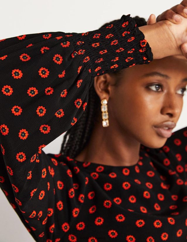 Boden Frauen Maxi-Stufenkleid mit gesmokten Bündchen VH86PT1732 Kleidung schwarze und Petunienknospe