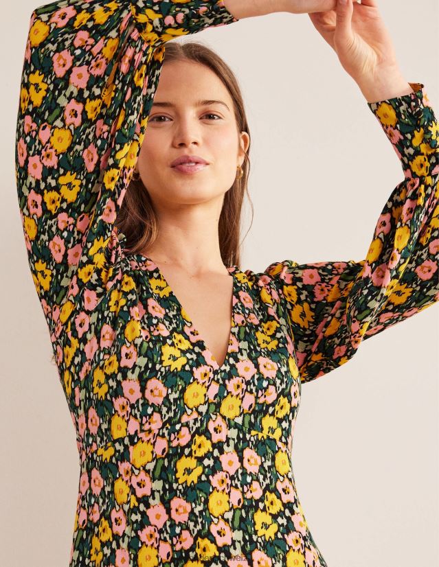 Boden Frauen Maxi-Teekleid mit Blousonärmeln VH86PT2439 Kleidung Smaragdnacht und abstrakter Mohn