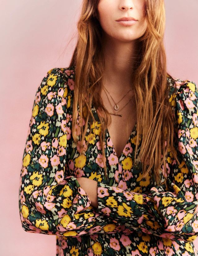 Boden Frauen Maxi-Teekleid mit Blousonärmeln VH86PT2439 Kleidung Smaragdnacht und abstrakter Mohn