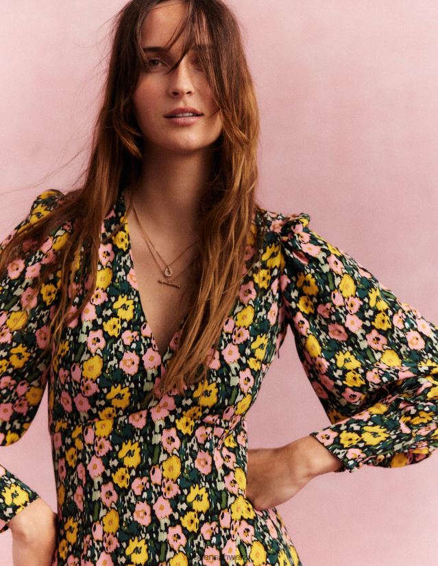 Boden Frauen Maxi-Teekleid mit Blousonärmeln VH86PT2439 Kleidung Smaragdnacht und abstrakter Mohn