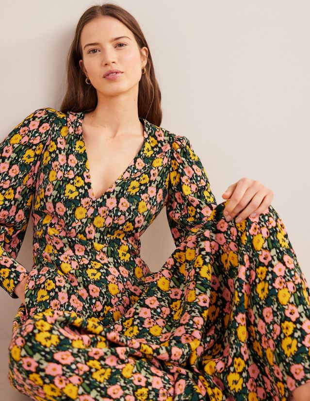 Boden Frauen Maxi-Teekleid mit Blousonärmeln VH86PT2439 Kleidung Smaragdnacht und abstrakter Mohn