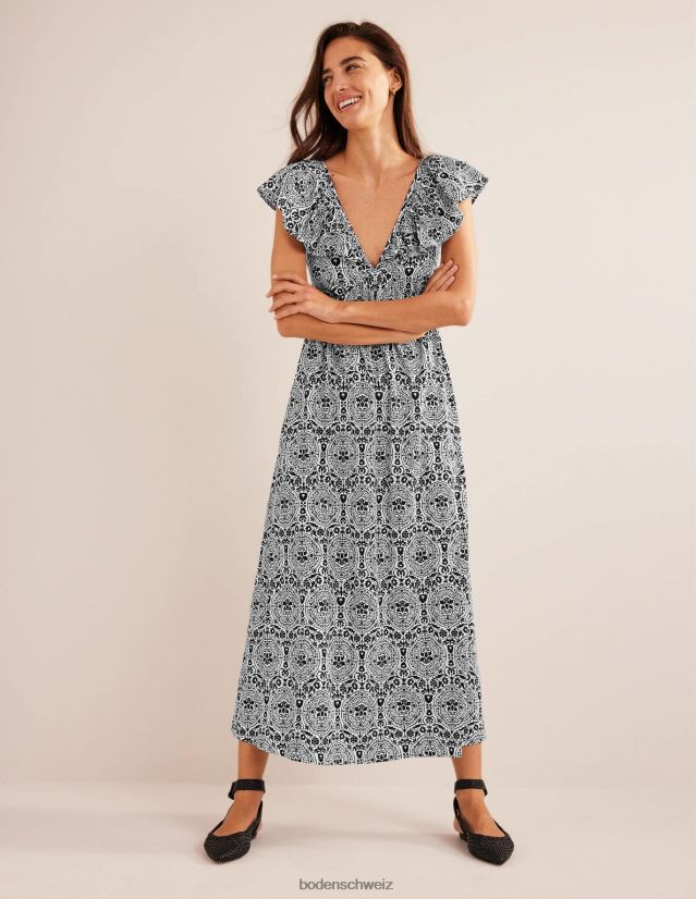 Boden Frauen Maxikleid aus Jersey mit Binderücken VH86PT1200 Kleidung schwarze und exotische Fliese