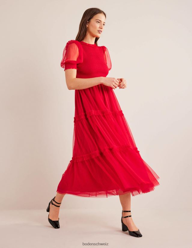 Boden Frauen Maxikleid aus gesmoktem Tüll VH86PT2151 Kleidung dunkle Rose