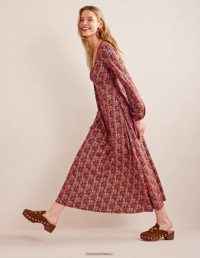 Boden Frauen Maxikleid mit Schlüssellochausschnitt aus Jersey VH86PT1492 Kleidung Zinnoberrot und abstrakter Mohn