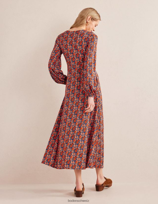 Boden Frauen Maxikleid mit Schlüssellochausschnitt aus Jersey VH86PT1492 Kleidung Zinnoberrot und abstrakter Mohn