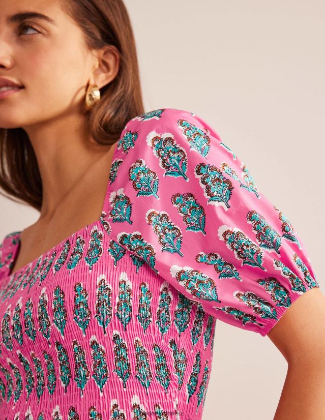 Boden Frauen Maxikleid mit gesmoktem Oberteil VH86PT578 Kleidung Festival-Rosa und Kunsthandwerkerblüte