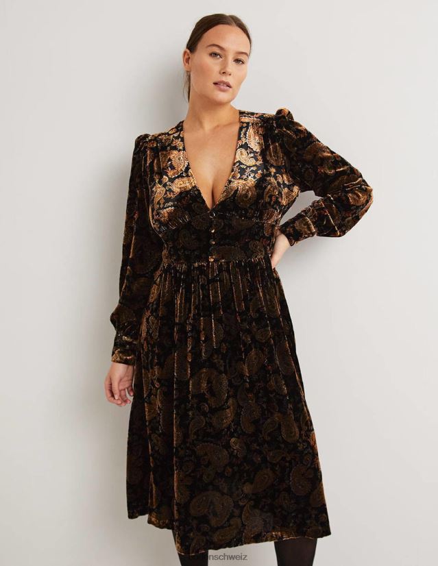 Boden Frauen Midi-Partykleid aus Samt VH86PT1873 Kleidung Leidenschaft für Schwarz und Paisley