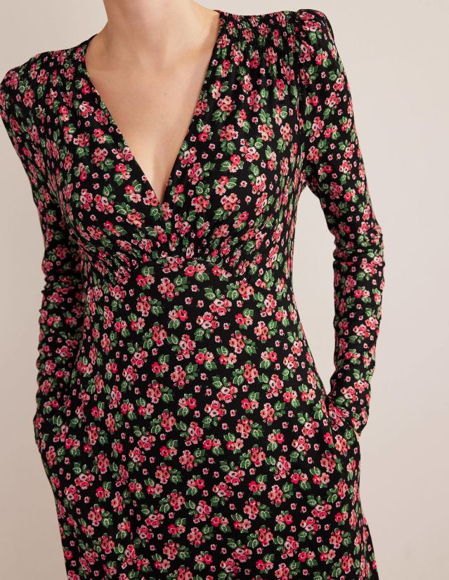 Boden Frauen Midi-Teekleid aus Jersey VH86PT1400 Kleidung Schwarz und Diamantrose