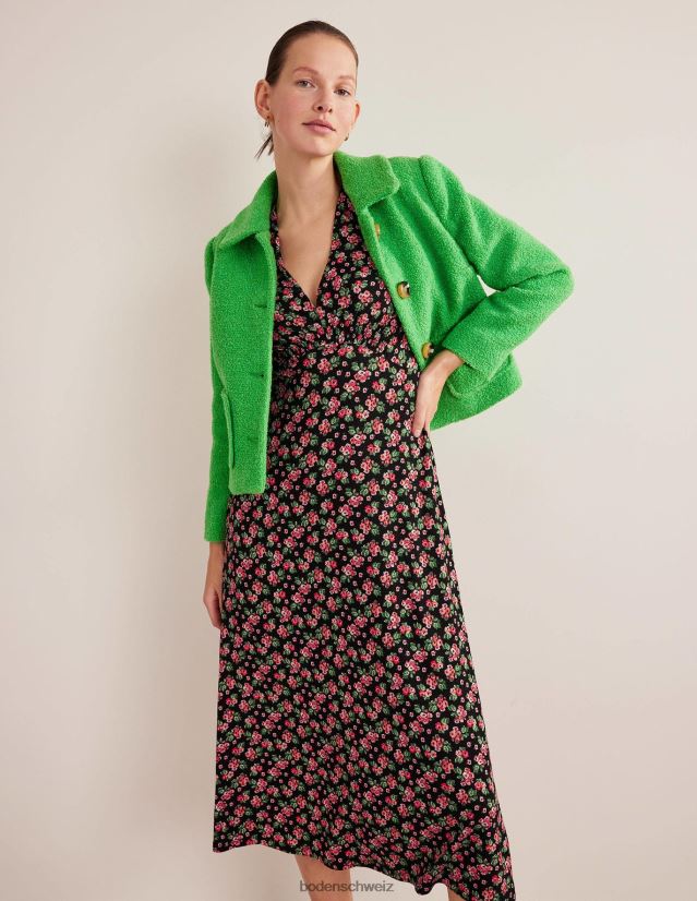 Boden Frauen Midi-Teekleid aus Jersey VH86PT1400 Kleidung Schwarz und Diamantrose