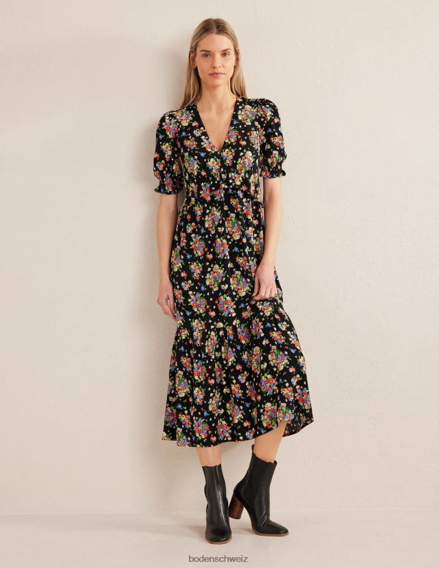 Boden Frauen Midi-Teekleid mit Rüschendetail VH86PT2117 Kleidung Schwarz-Wild-Cluster