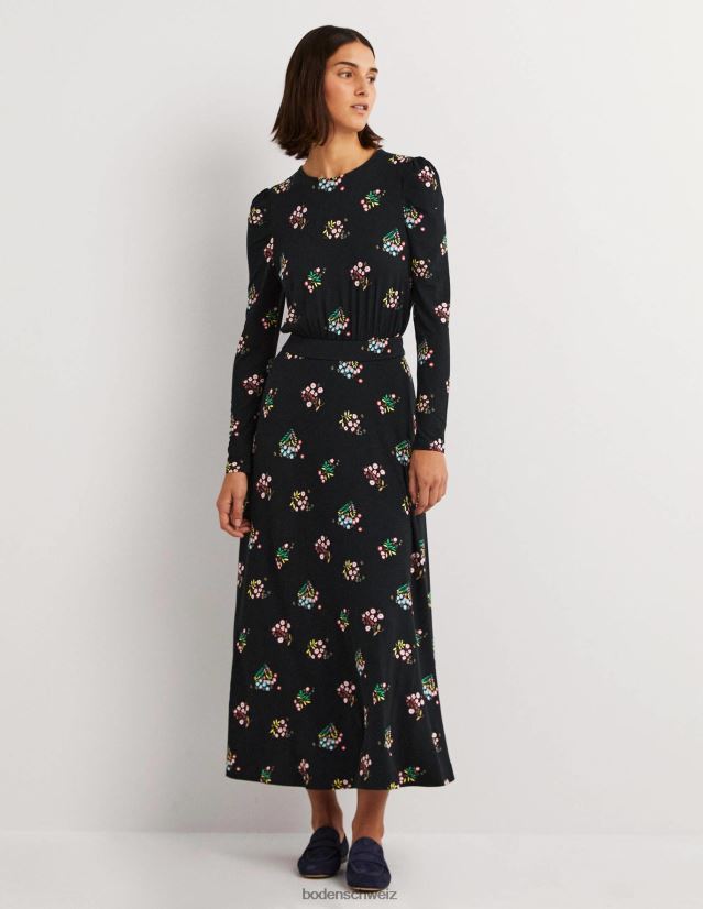 Boden Frauen Midikleid aus Jersey mit Puffärmeln VH86PT1256 Kleidung schwarzer & zarter Zweig